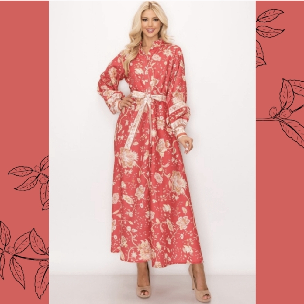 MACHERRY RETRO LANTERN SLEEVE FLORAL CORAL MAXI DRESS